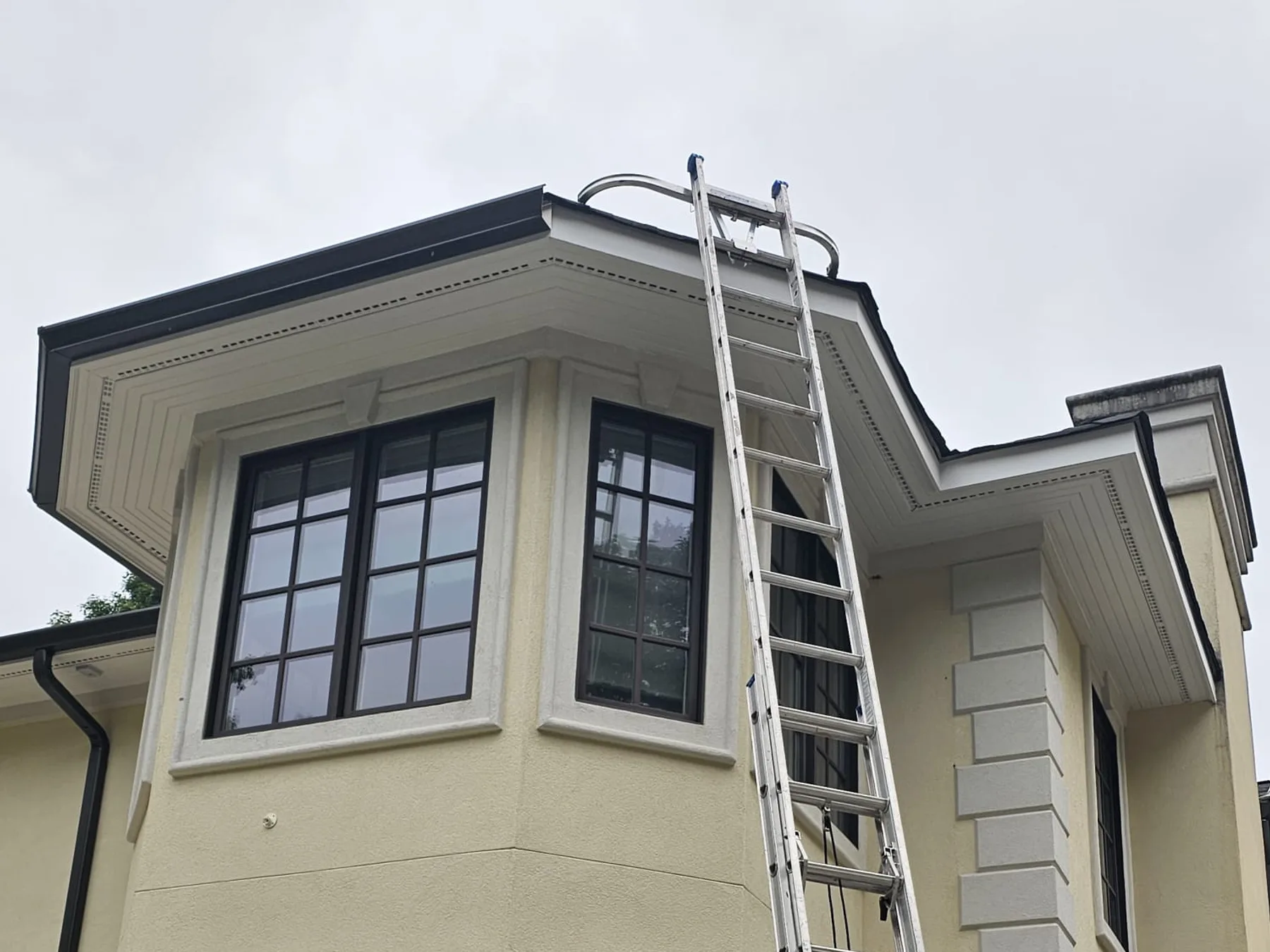 Ladder set up for gutter work on a cream stucco home